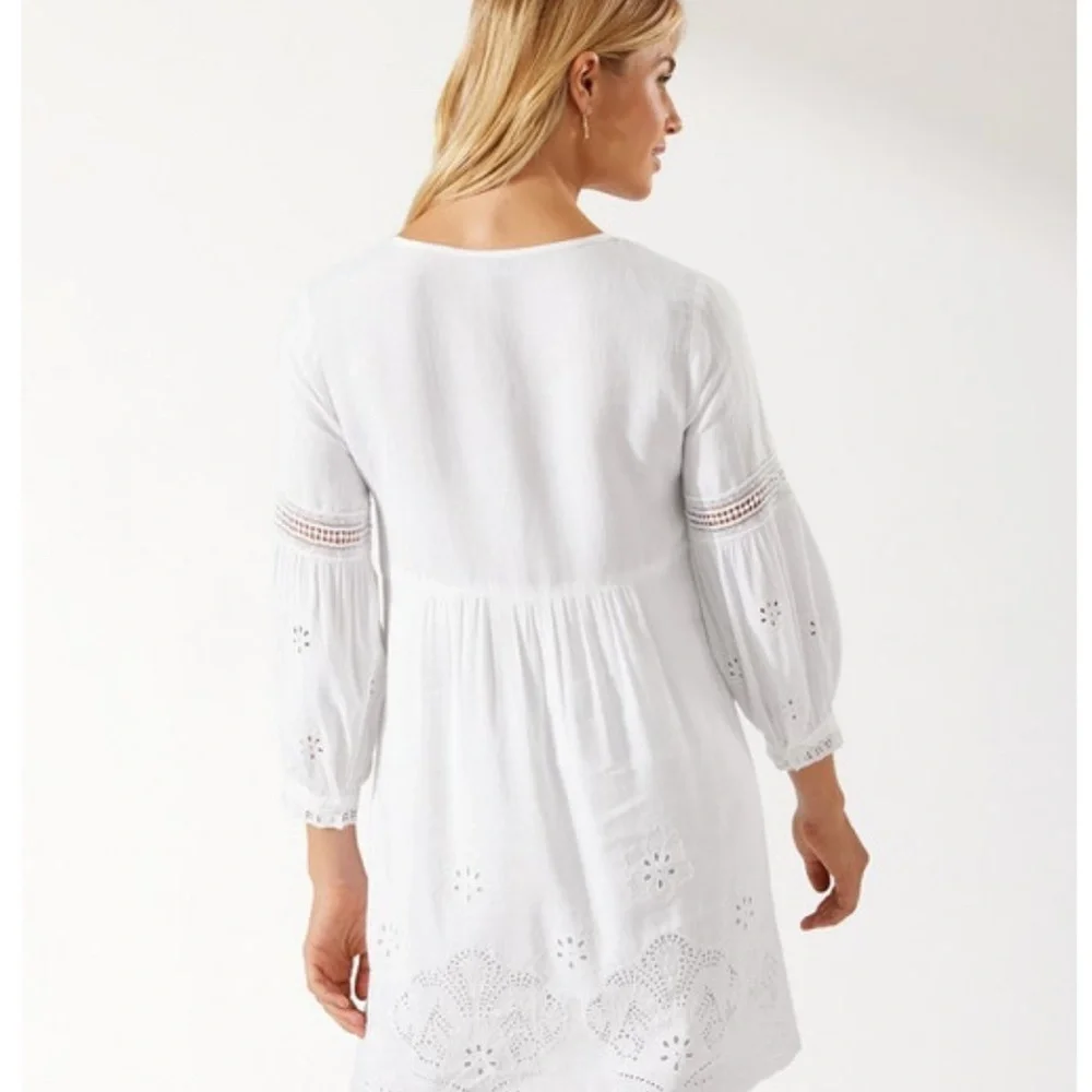 TOMMY BAHAMA WHITE ST. LUCIA SPLIT NECK LINEN BLEND DRESS SIZE MEDIUM